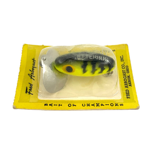 Left Facing View of ARBOGAST Fly Rod Size JITTERBUG on Card in CHARTREUSE SILVER ON BODY