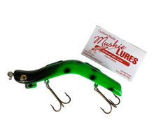 Load image into Gallery viewer, Left Facing View with Business Card WISCONSIN MADE • FRED A. BOHN CUSTOM MADE ALL WOOD CEDAR MUSKIE LURES in GREEN FROG
