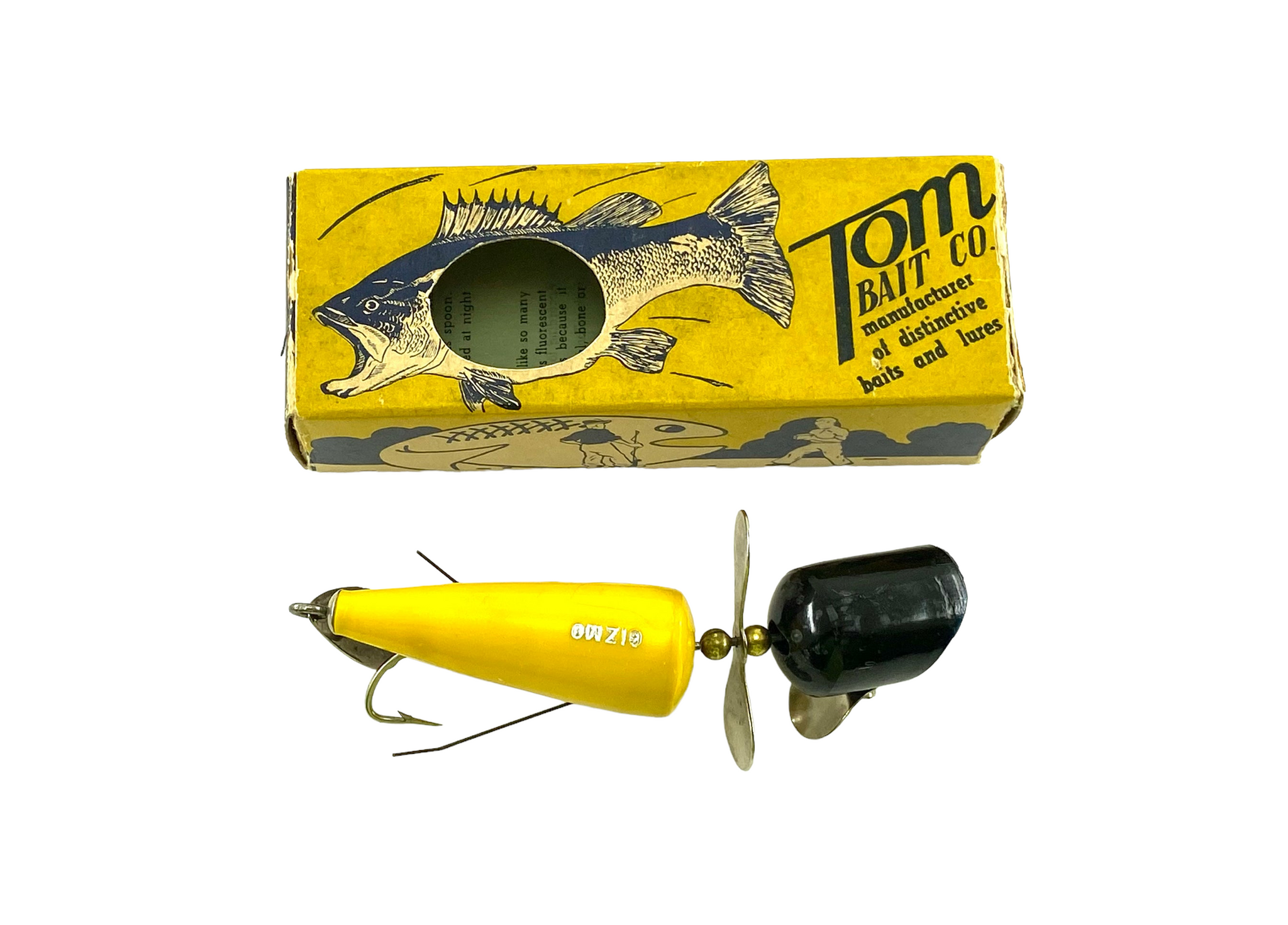 WEEDLESS HARDWARE • ANTIQUE TOM BAIT COMPANY TOP-RUNNING GIZMO Fishing Lure with ORIGINAL BOX & PAPERS • G-WG-BY BLACK/YELLOW