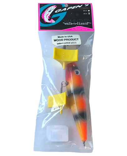 Front Package View of GAPEN Company WALK-N-LIZARD Wood Musky Sized Fishing Lure in PATTERN YELLOW PERCH