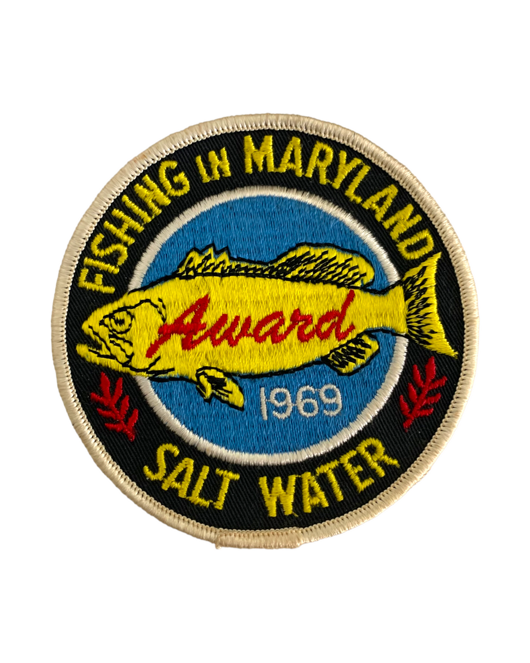 FISHING IN MARYLAND SALT WATER 1969 AWARD PATCH Embroidered in Black, White, Yellow, Red, & Sky Blue
