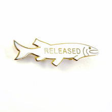 Load image into Gallery viewer, White Enamel RELEASED MUSKY Fish Pin
