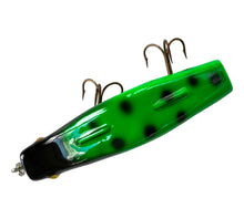 Load image into Gallery viewer, Top View of WISCONSIN MADE • FRED A. BOHN CUSTOM MADE ALL WOOD CEDAR MUSKIE LURES in GREEN FROG
