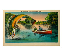 Cargar imagen en el visor de la galería, Front View of Fishermen in a Canoe FIGHTING a Large TROUT ANTIQUE TRAVEL POSTCARD. Only at Toad Tackle.
