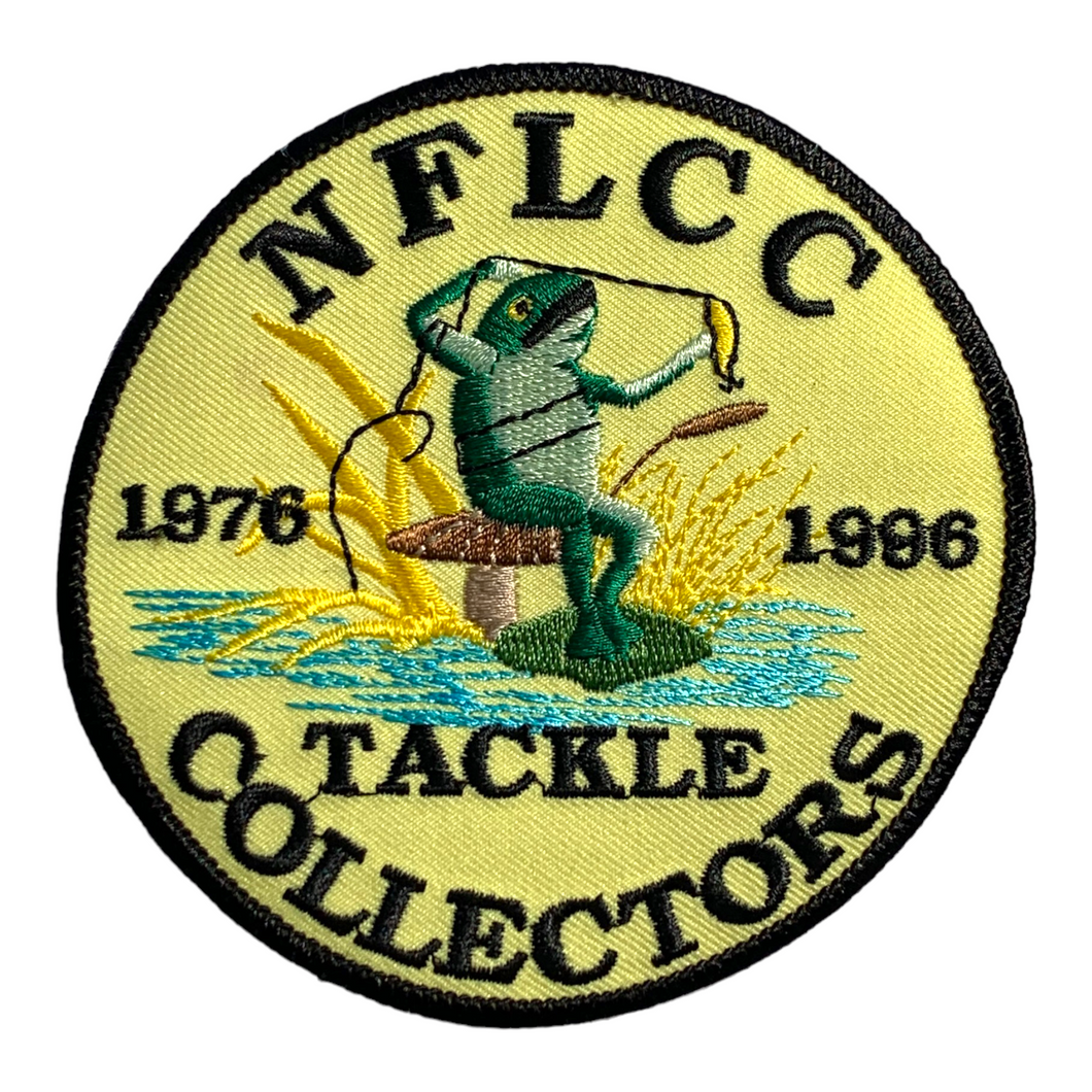 Front View of NFLCC's  NATIONAL FISHING LURE COLLECTORS CLUB ANNIVERSARY PATCH • 1976-1996 FROG on TOADSTOOL