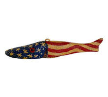 Cargar imagen en el visor de la galería, Left Facing View of DULUTH FISHING DECOY by JIM PERKINS • AMERICANA FLAG FISH
