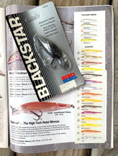 Load image into Gallery viewer, Rebel BLACKSTAR Fishing Lure in Black Back/Silver Belly with Catalog Information
