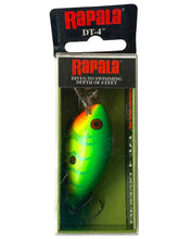 Load image into Gallery viewer, Front Box View of Rapala DT-4 Fishing Lure •  DT04 GTR GREEN TIGER • Dives To 4 Feet

