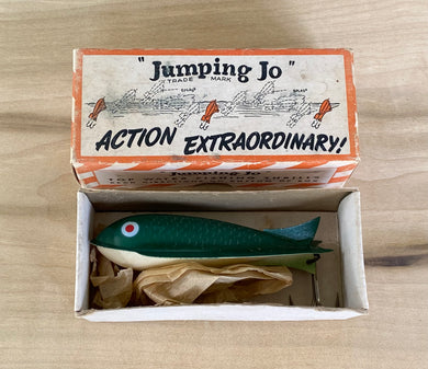JUMPING JO Antique Fishing Lure with Original Retro Graphics Box. Made in Dayton, Ohio for Great Lakes Fish!