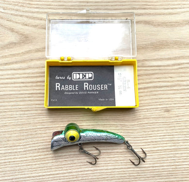 RABBLE ROUSER LURES Series R Vintage Topwater Fishing Lure in Green and Silver. Original Box with Retro Papers Included.